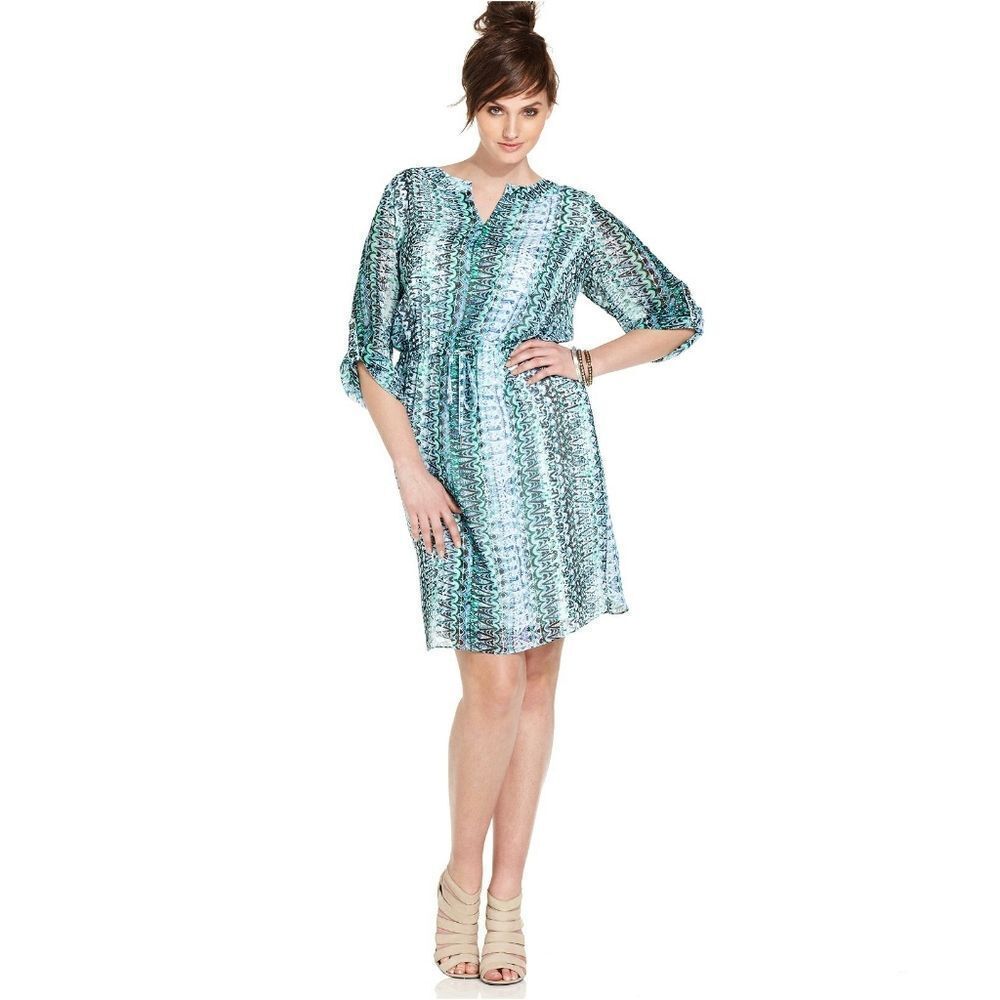 New! VINCE CAMUTO Chiffon Women's Plus Size Geo Print Dress Long Sleeve Size 2X